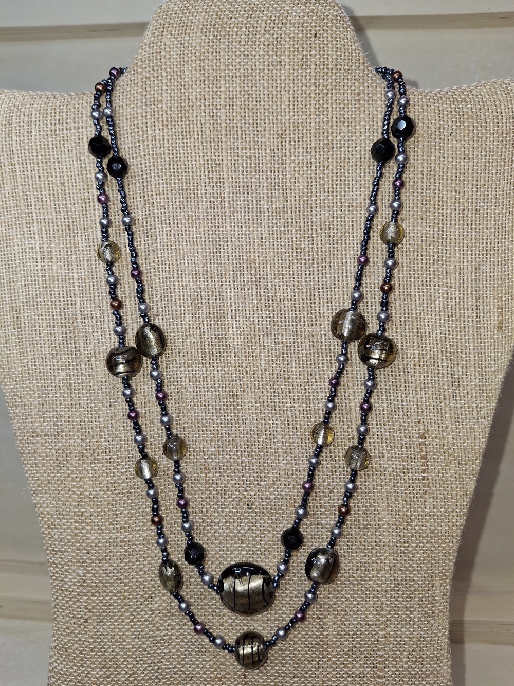 Premier Multi-Strand Glass Bead Necklace in Black and Gold